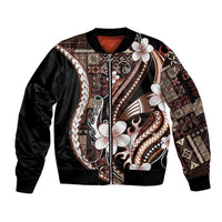 Samoa Siapo Tribal Pattern Sleeve Zip Bomber Jacket Brown Polynesian Plumeria Tapa Motif LT9 Unisex Brown - Polynesian Pride