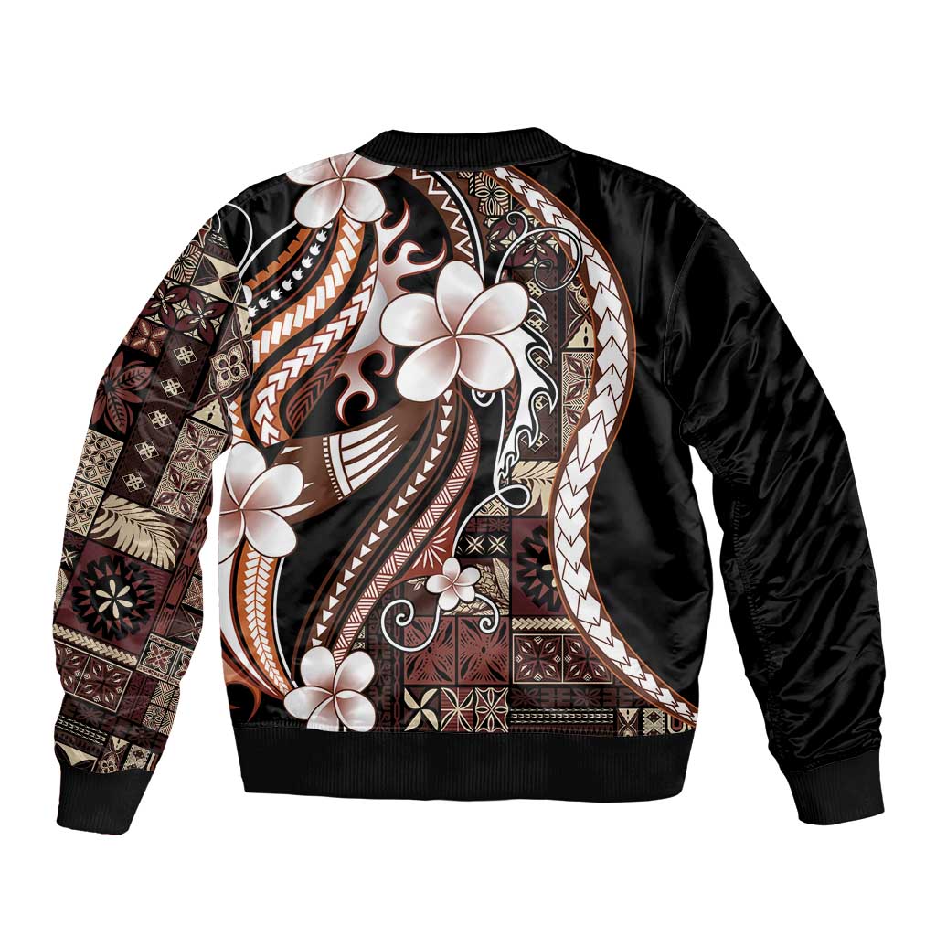 Samoa Siapo Tribal Pattern Sleeve Zip Bomber Jacket Brown Polynesian Plumeria Tapa Motif LT9 - Polynesian Pride