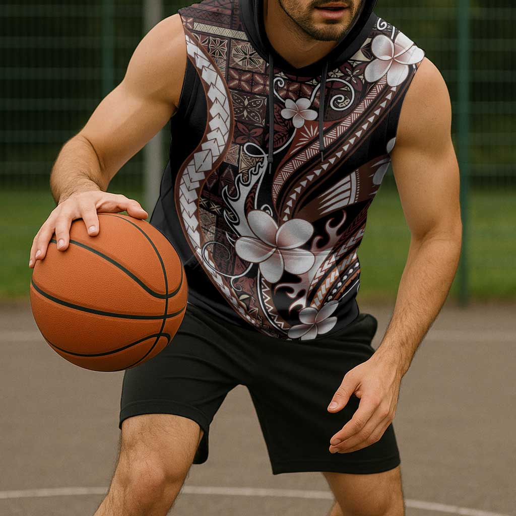 Samoa Siapo Tribal Pattern Sleeveless Hoodie Brown Polynesian Plumeria Tapa Motif LT9 - Polynesian Pride