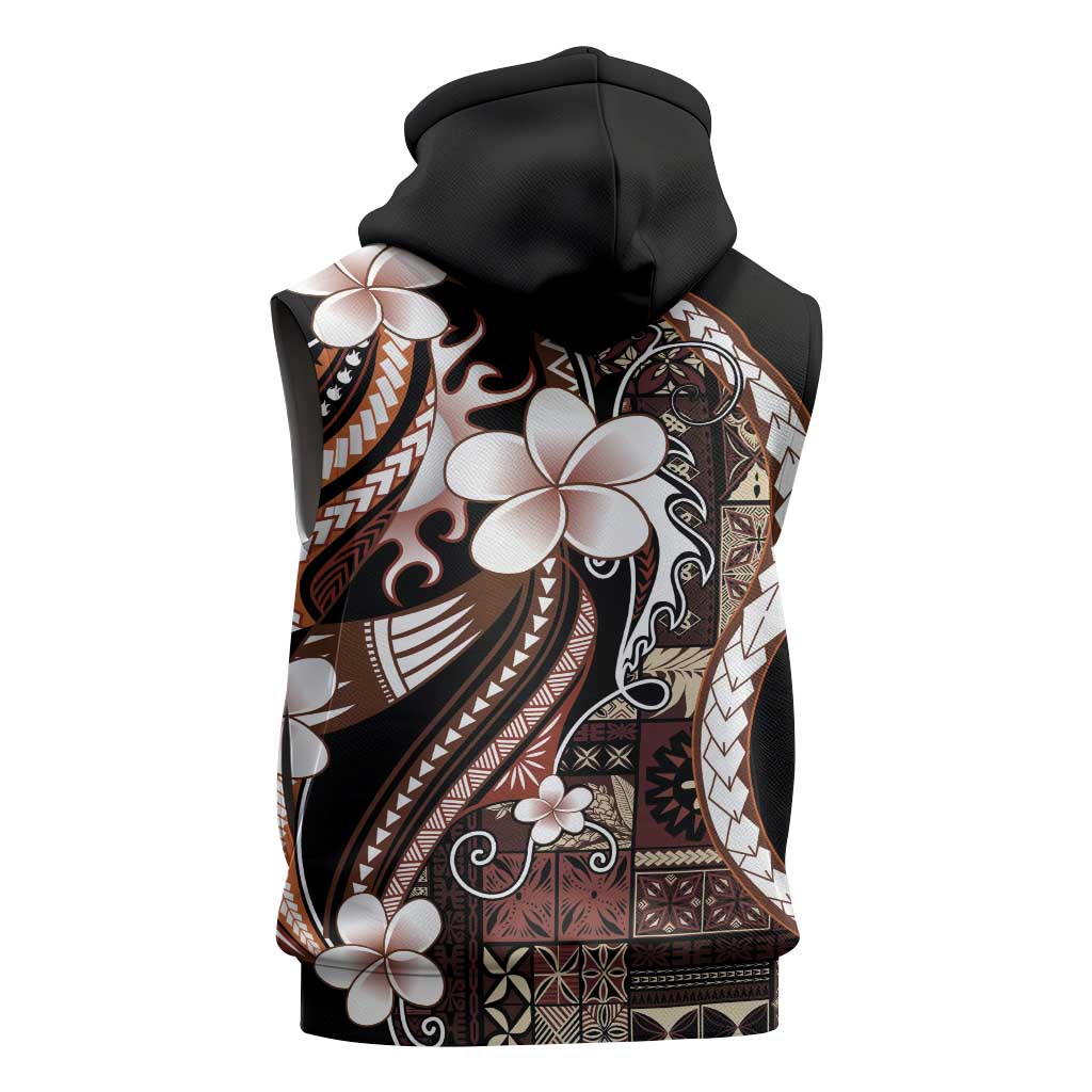 Samoa Siapo Tribal Pattern Sleeveless Zip Hoodie Brown Polynesian Plumeria Tapa Motif LT9 - Polynesian Pride