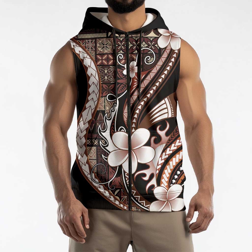 Samoa Siapo Tribal Pattern Sleeveless Zip Hoodie Brown Polynesian Plumeria Tapa Motif LT9 - Polynesian Pride