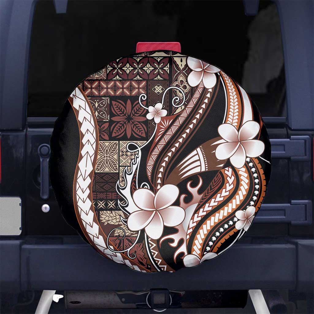 Samoa Siapo Tribal Pattern Spare Tire Cover Brown Polynesian Plumeria Tapa Motif