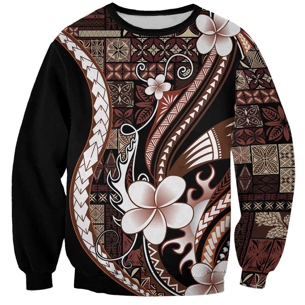 Samoa Siapo Tribal Pattern Sweatshirt Brown Polynesian Plumeria Tapa Motif LT9 Unisex Brown - Polynesian Pride