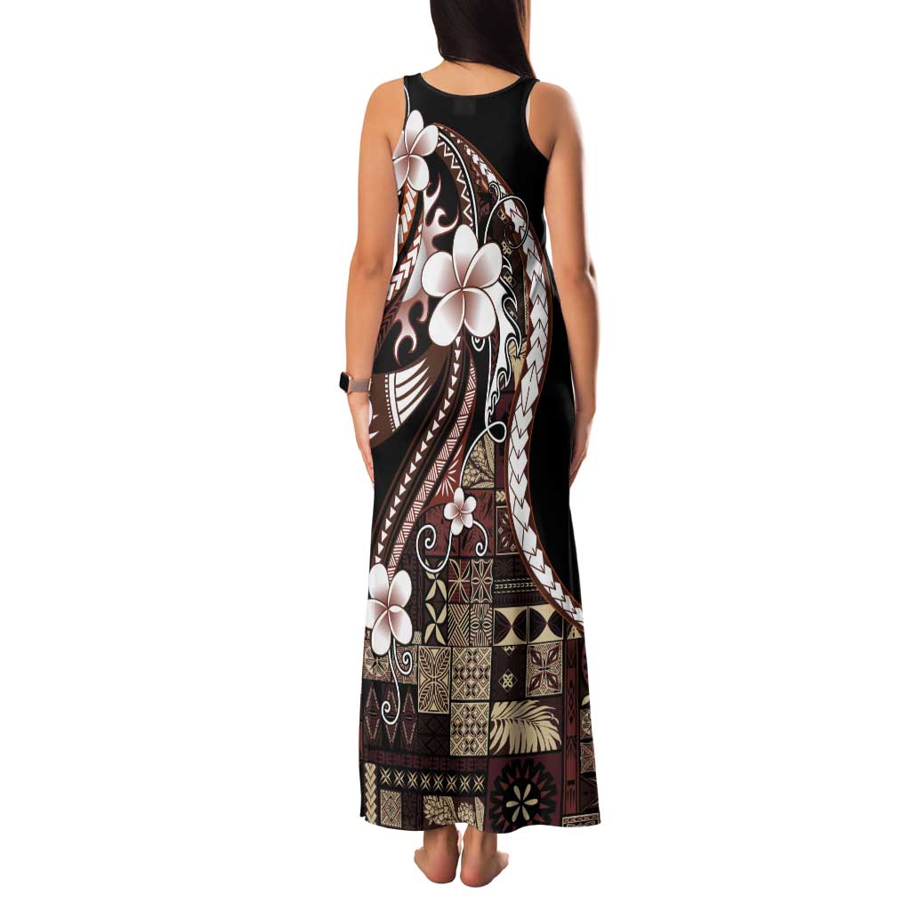 Samoa Siapo Tribal Pattern Tank Maxi Dress Brown Polynesian Plumeria Tapa Motif LT9 - Polynesian Pride