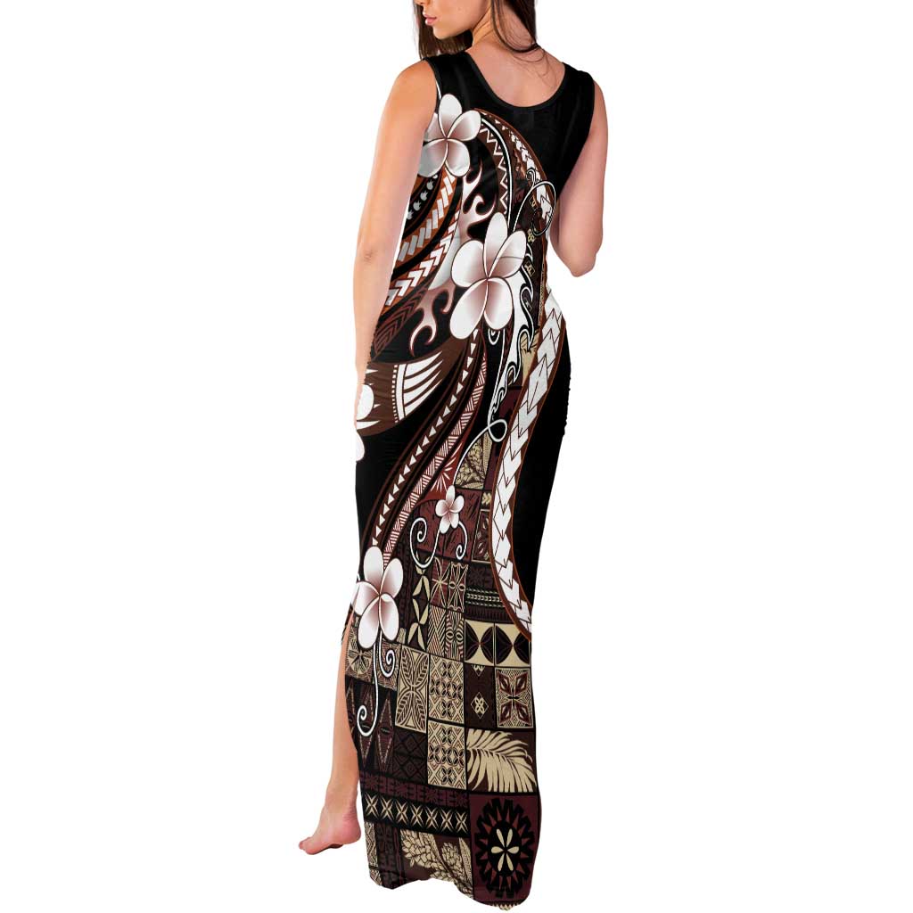 Samoa Siapo Tribal Pattern Tank Maxi Dress Brown Polynesian Plumeria Tapa Motif LT9 - Polynesian Pride