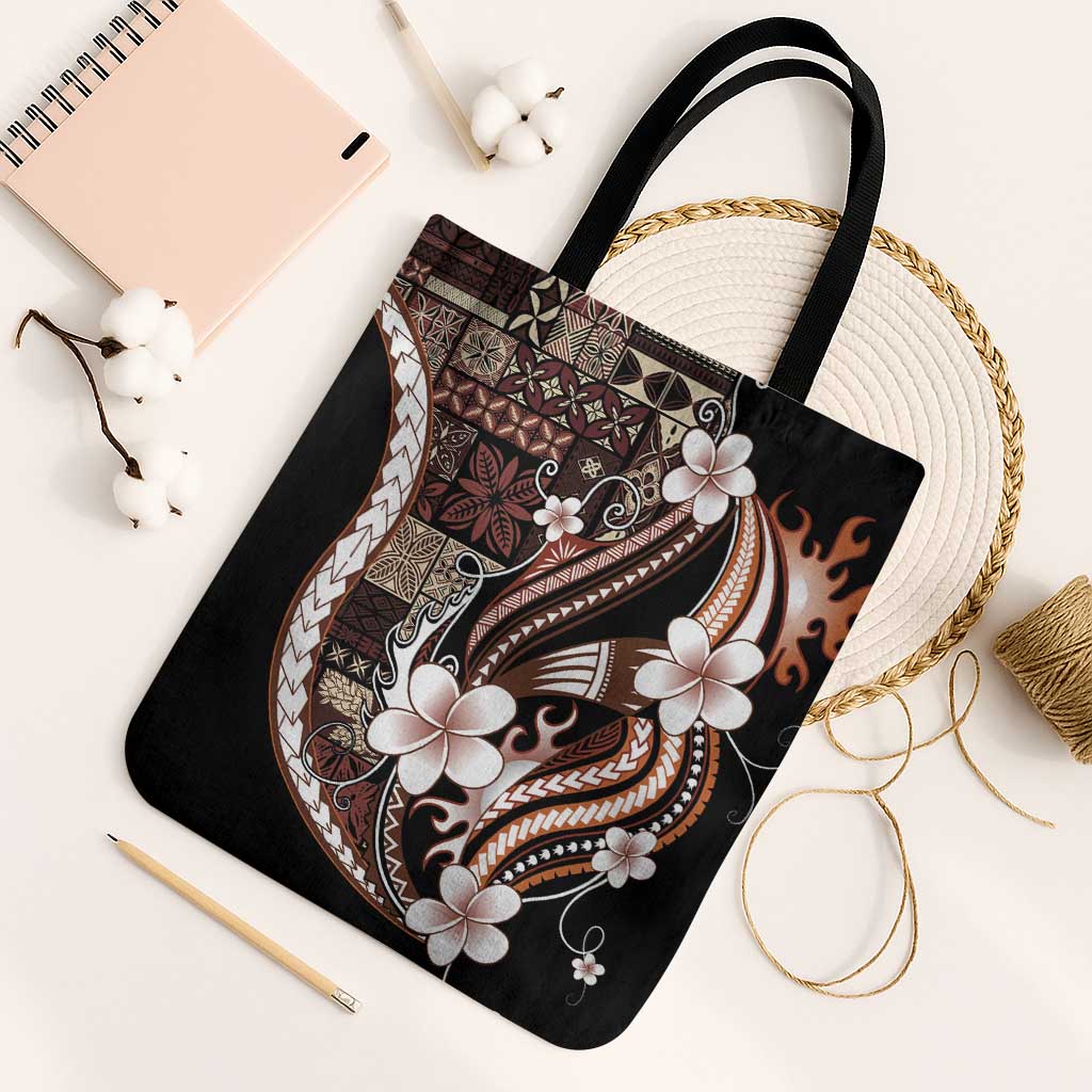 Samoa Siapo Tribal Pattern Tote Bag Brown Polynesian Plumeria Tapa Motif LT9 Black Strap One Size Brown - Polynesian Pride