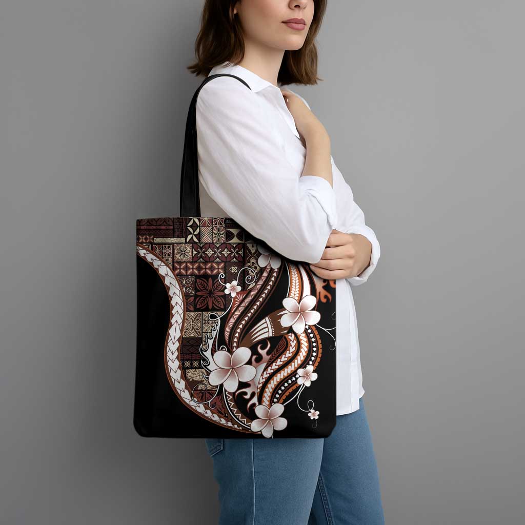 Samoa Siapo Tribal Pattern Tote Bag Brown Polynesian Plumeria Tapa Motif LT9 - Polynesian Pride