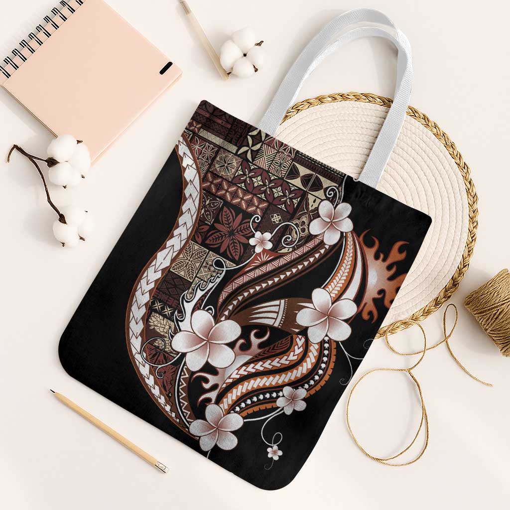 Samoa Siapo Tribal Pattern Tote Bag Brown Polynesian Plumeria Tapa Motif LT9 White Strap One Size Brown - Polynesian Pride