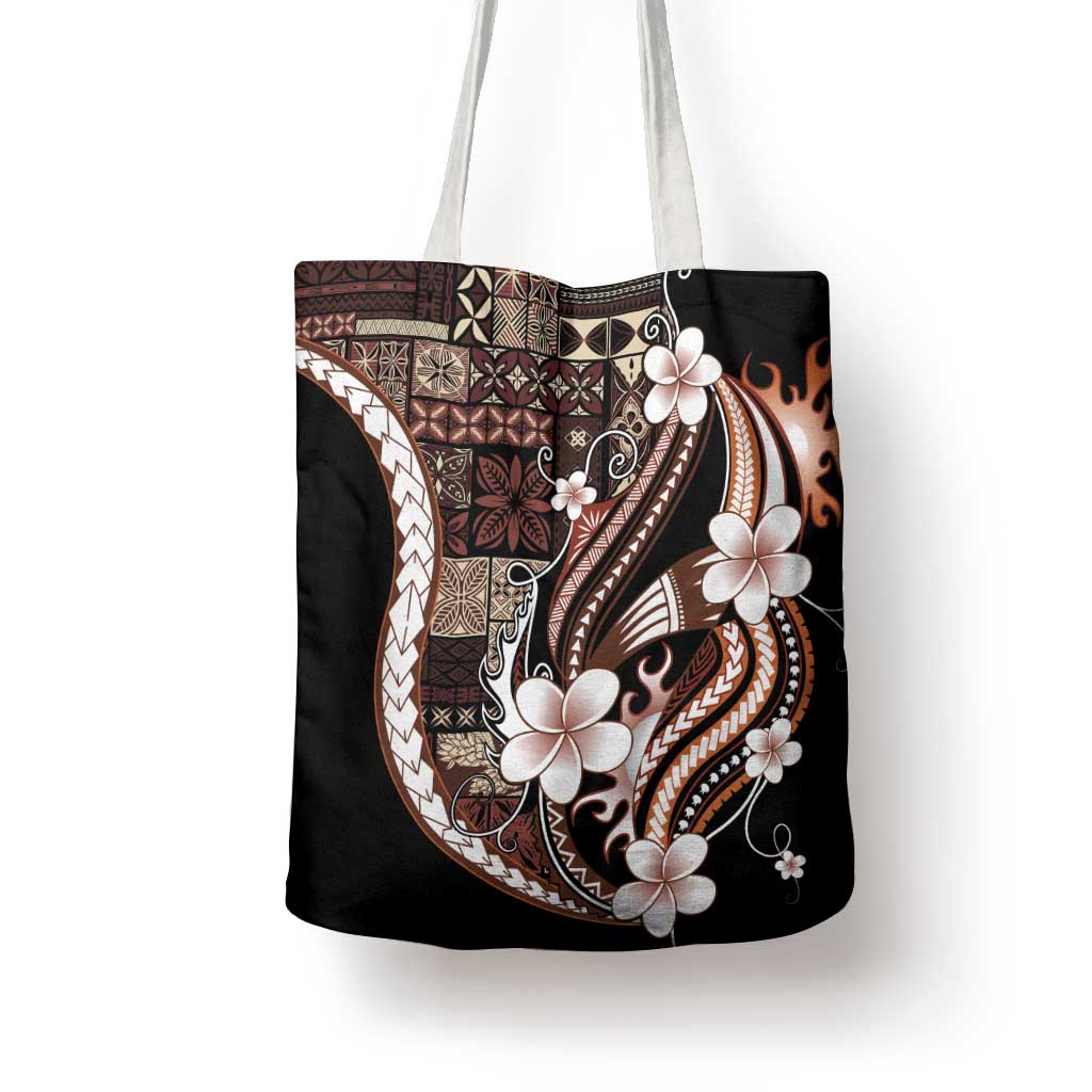 Samoa Siapo Tribal Pattern Tote Bag Brown Polynesian Plumeria Tapa Motif LT9 - Polynesian Pride