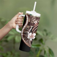 Samoa Siapo Tribal Pattern Tumbler With Handle Brown Polynesian Plumeria Tapa Motif LT9 - Polynesian Pride