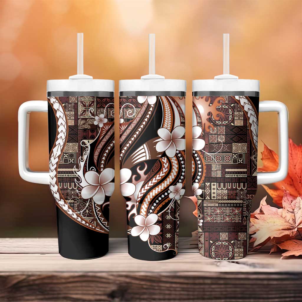 Samoa Siapo Tribal Pattern Tumbler With Handle Brown Polynesian Plumeria Tapa Motif LT9 - Polynesian Pride