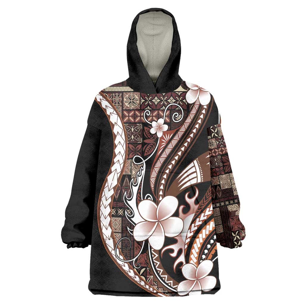 Samoa Siapo Tribal Pattern Wearable Blanket Hoodie Brown Polynesian Plumeria Tapa Motif LT9 One Size Brown - Polynesian Pride