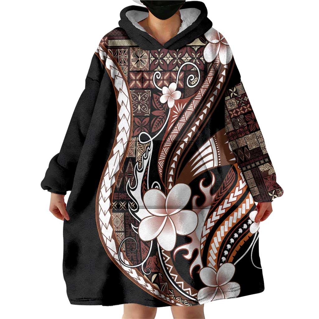 Samoa Siapo Tribal Pattern Wearable Blanket Hoodie Brown Polynesian Plumeria Tapa Motif LT9 - Polynesian Pride