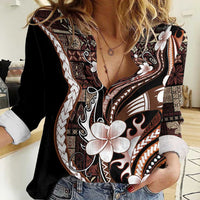 Samoa Siapo Tribal Pattern Women Casual Shirt Brown Polynesian Plumeria Tapa Motif LT9 Female Brown - Polynesian Pride