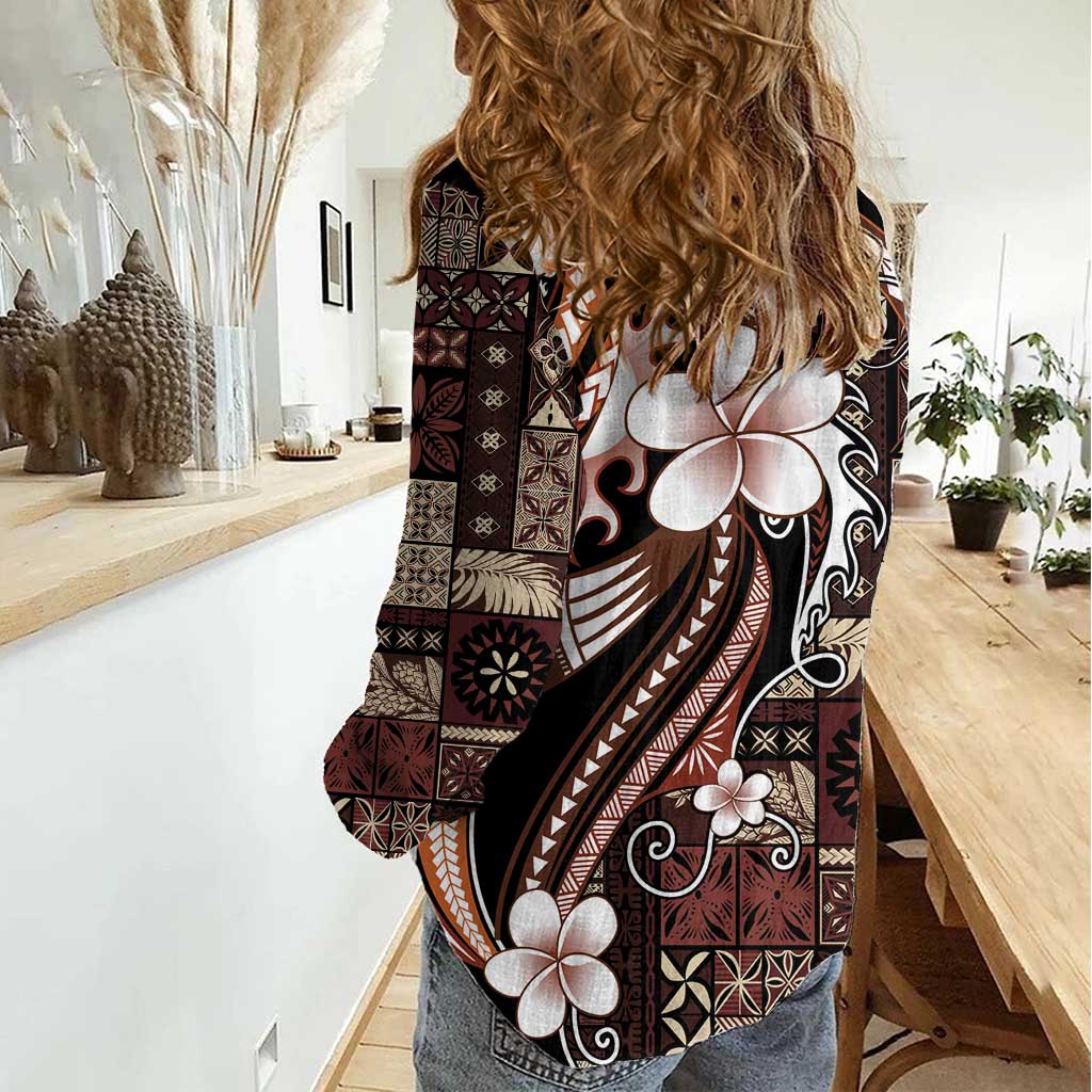 Samoa Siapo Tribal Pattern Women Casual Shirt Brown Polynesian Plumeria Tapa Motif LT9 - Polynesian Pride