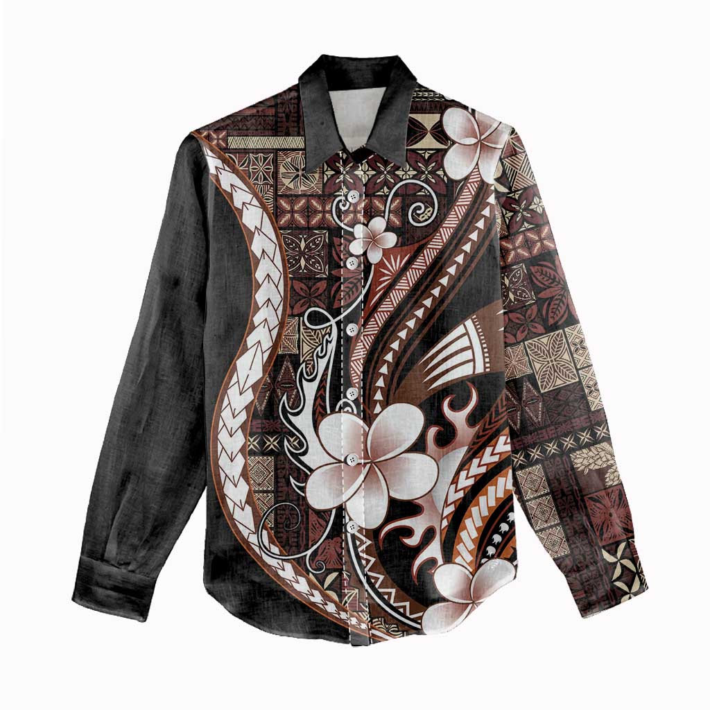 Samoa Siapo Tribal Pattern Women Casual Shirt Brown Polynesian Plumeria Tapa Motif LT9 - Polynesian Pride