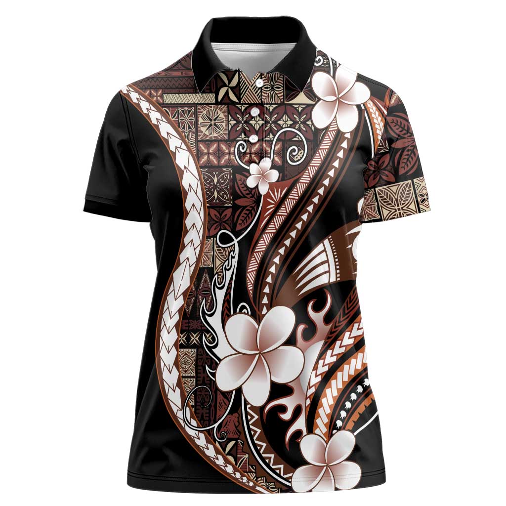 Samoa Siapo Tribal Pattern Women Polo Shirt Brown Polynesian Plumeria Tapa Motif LT9 Female Brown - Polynesian Pride