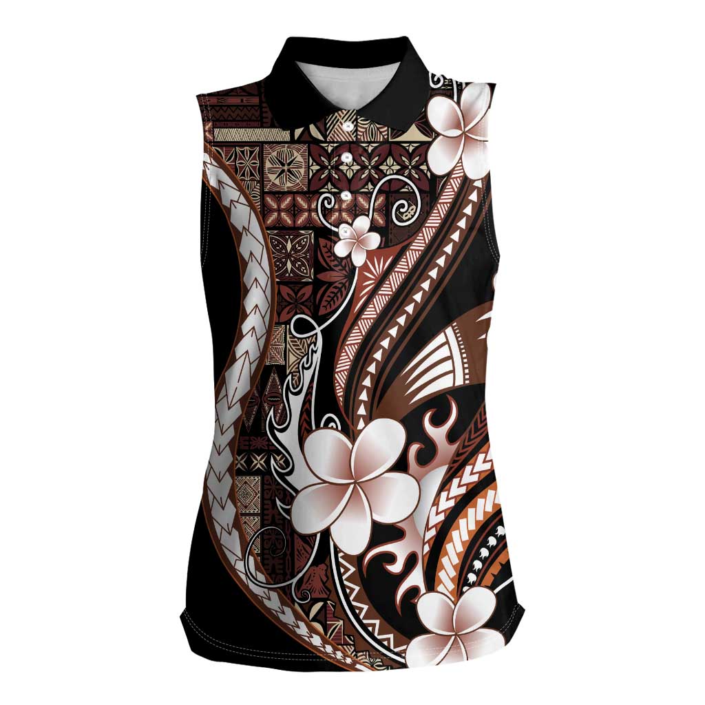 Samoa Siapo Tribal Pattern Women Sleeveless Polo Shirt Brown Polynesian Plumeria Tapa Motif LT9 Female Brown - Polynesian Pride