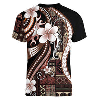 Samoa Siapo Tribal Pattern Women V-Neck T-Shirt Brown Polynesian Plumeria Tapa Motif LT9 - Polynesian Pride