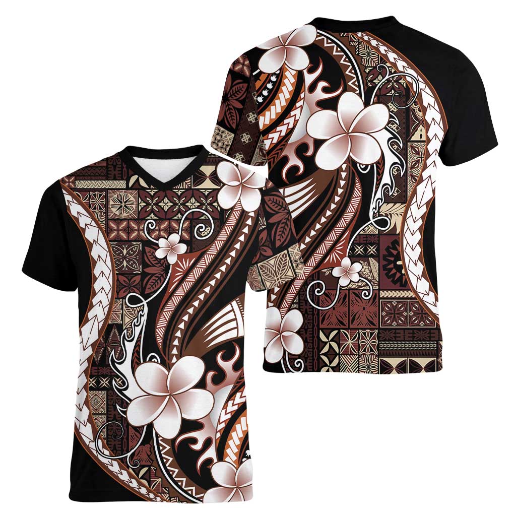 Samoa Siapo Tribal Pattern Women V-Neck T-Shirt Brown Polynesian Plumeria Tapa Motif LT9 - Polynesian Pride