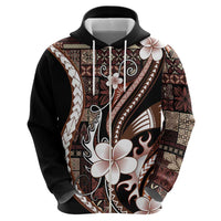 Samoa Siapo Tribal Pattern Zip Hoodie Brown Polynesian Plumeria Tapa Motif LT9 - Polynesian Pride