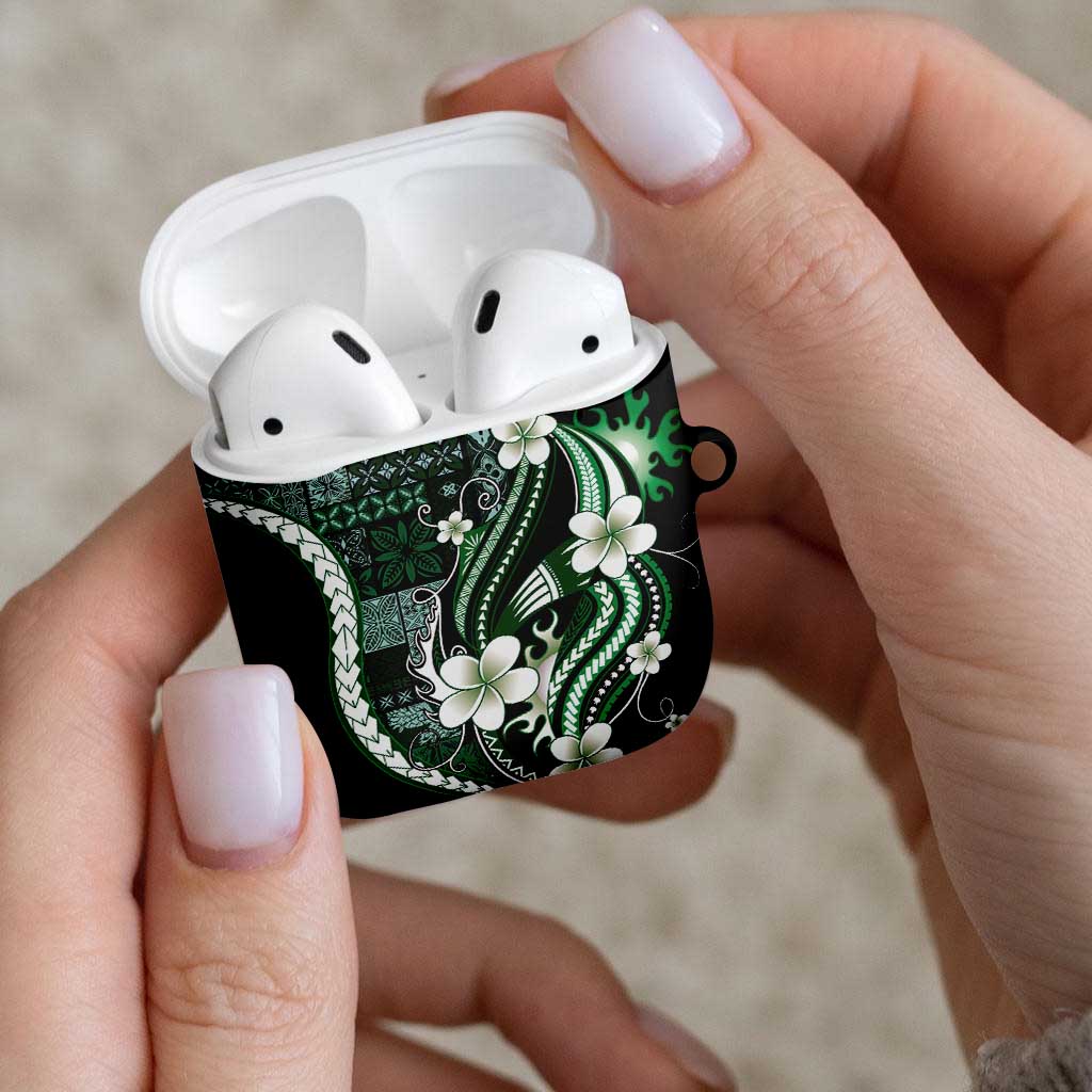 Samoa Siapo Tribal Pattern AirPods Case Forest Green Polynesian Plumeria Tapa Motif