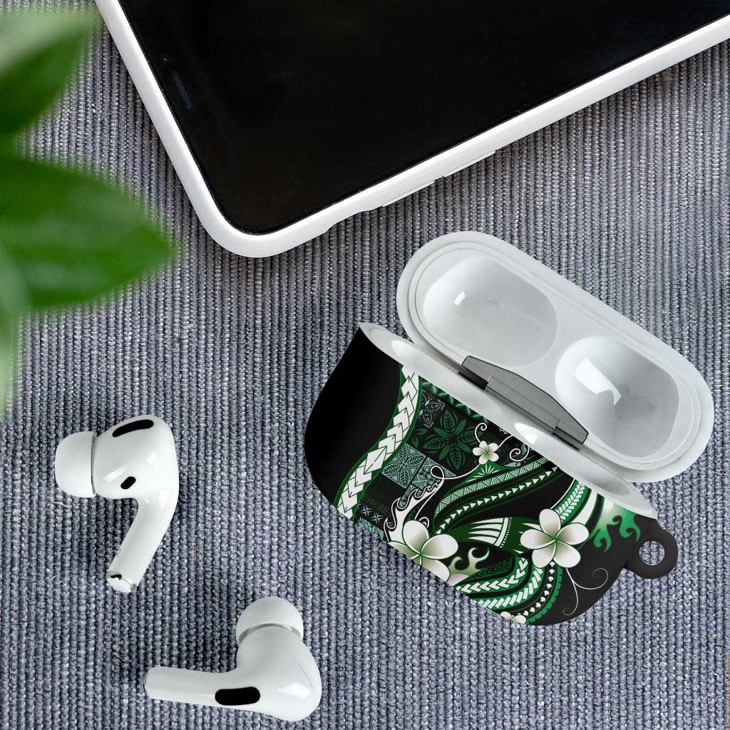 Samoa Siapo Tribal Pattern AirPods Case Forest Green Polynesian Plumeria Tapa Motif