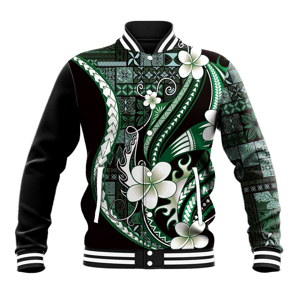 Samoa Siapo Tribal Pattern Baseball Jacket Forest Green Polynesian Plumeria Tapa Motif LT9 Unisex Green - Polynesian Pride