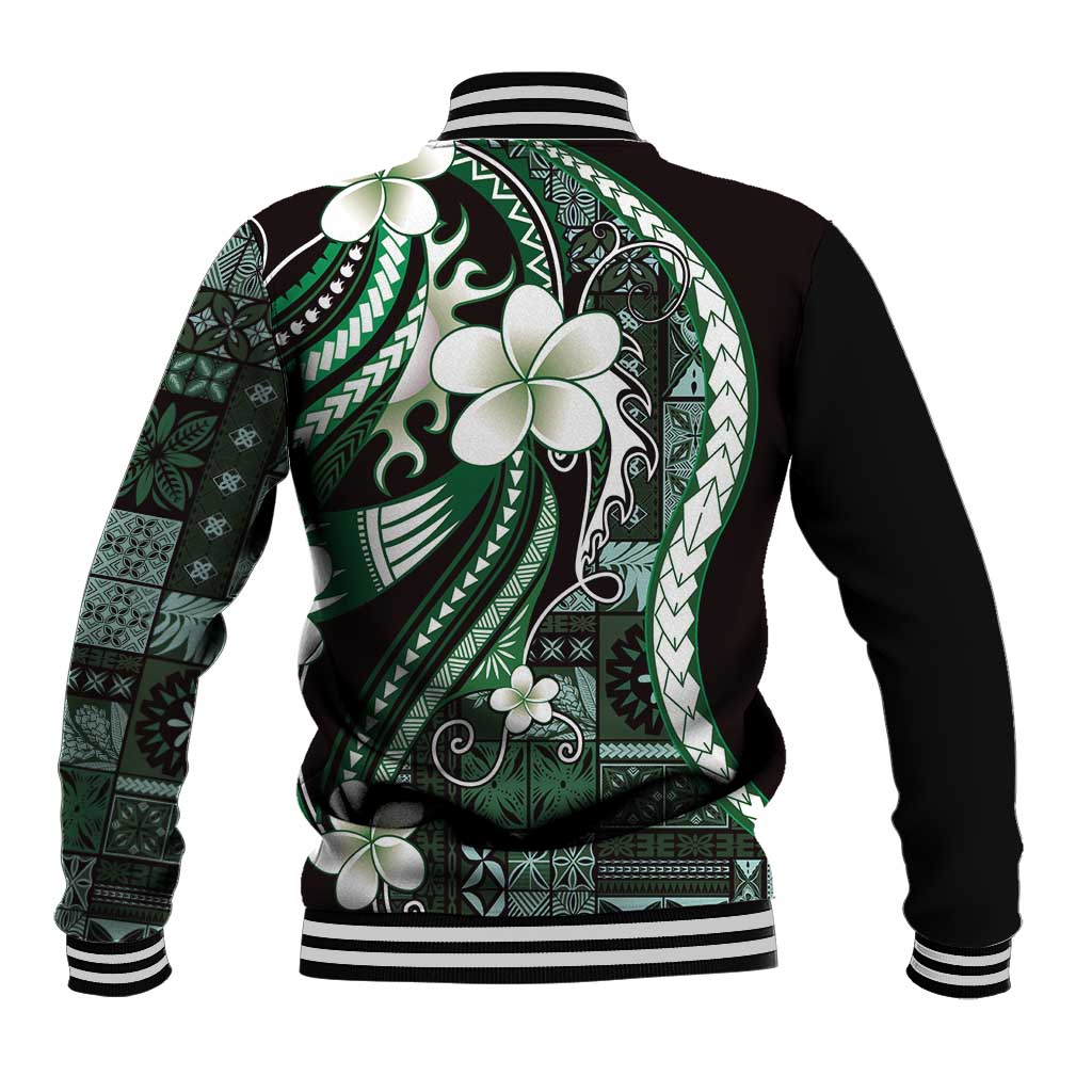 Samoa Siapo Tribal Pattern Baseball Jacket Forest Green Polynesian Plumeria Tapa Motif LT9 - Polynesian Pride