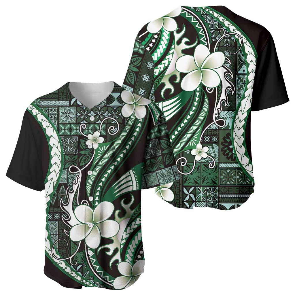 Samoa Siapo Tribal Pattern Baseball Jersey Forest Green Polynesian Plumeria Tapa Motif LT9 - Polynesian Pride