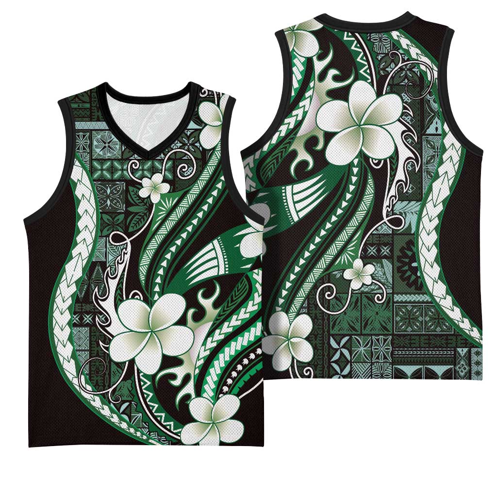Samoa Siapo Tribal Pattern Basketball Jersey Forest Green Polynesian Plumeria Tapa Motif LT9 - Polynesian Pride