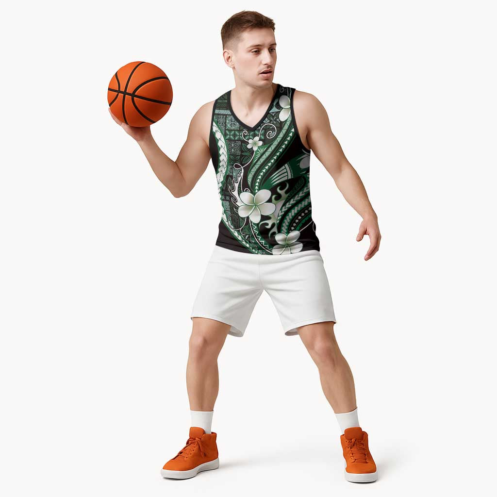Samoa Siapo Tribal Pattern Basketball Jersey Forest Green Polynesian Plumeria Tapa Motif LT9 - Polynesian Pride