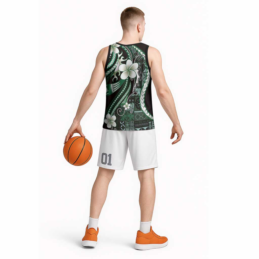 Samoa Siapo Tribal Pattern Basketball Jersey Forest Green Polynesian Plumeria Tapa Motif LT9 - Polynesian Pride