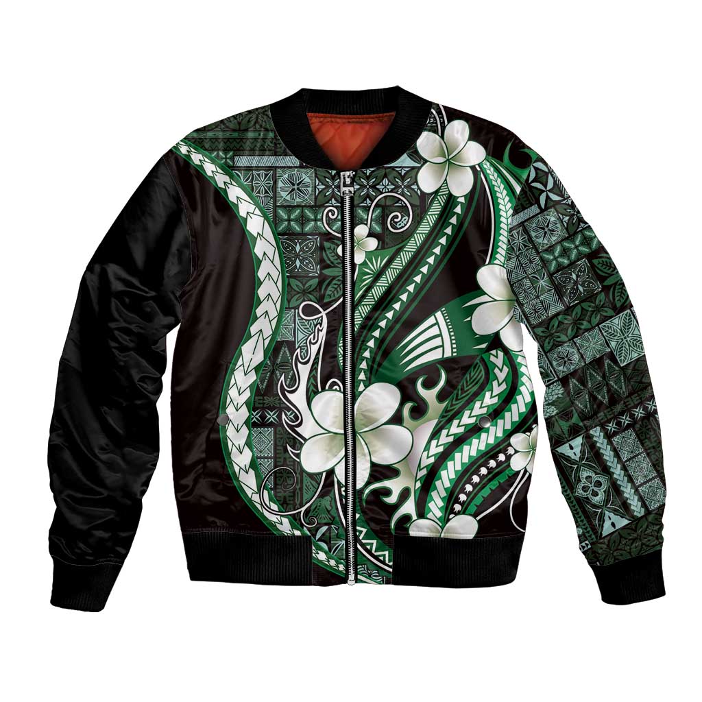 Samoa Siapo Tribal Pattern Bomber Jacket Forest Green Polynesian Plumeria Tapa Motif LT9 Unisex Green - Polynesian Pride