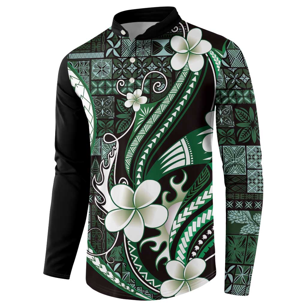 Samoa Siapo Tribal Pattern Button Sweatshirt Forest Green Polynesian Plumeria Tapa Motif LT9 - Polynesian Pride
