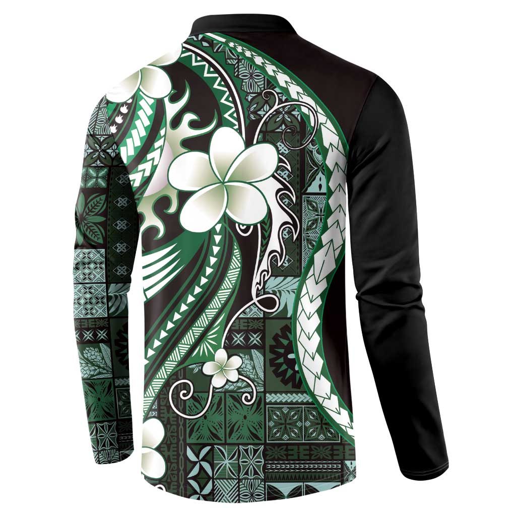 Samoa Siapo Tribal Pattern Button Sweatshirt Forest Green Polynesian Plumeria Tapa Motif LT9 - Polynesian Pride