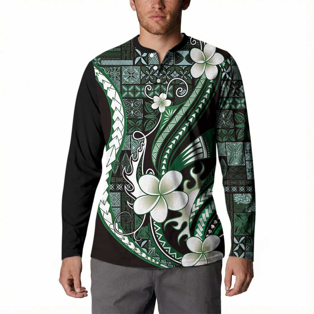 Samoa Siapo Tribal Pattern Button Sweatshirt Forest Green Polynesian Plumeria Tapa Motif LT9 - Polynesian Pride