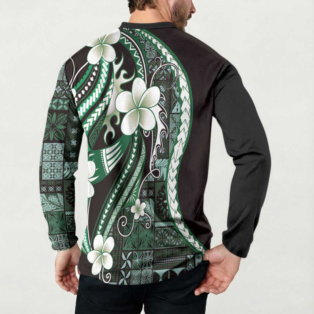 Samoa Siapo Tribal Pattern Button Sweatshirt Forest Green Polynesian Plumeria Tapa Motif LT9 - Polynesian Pride
