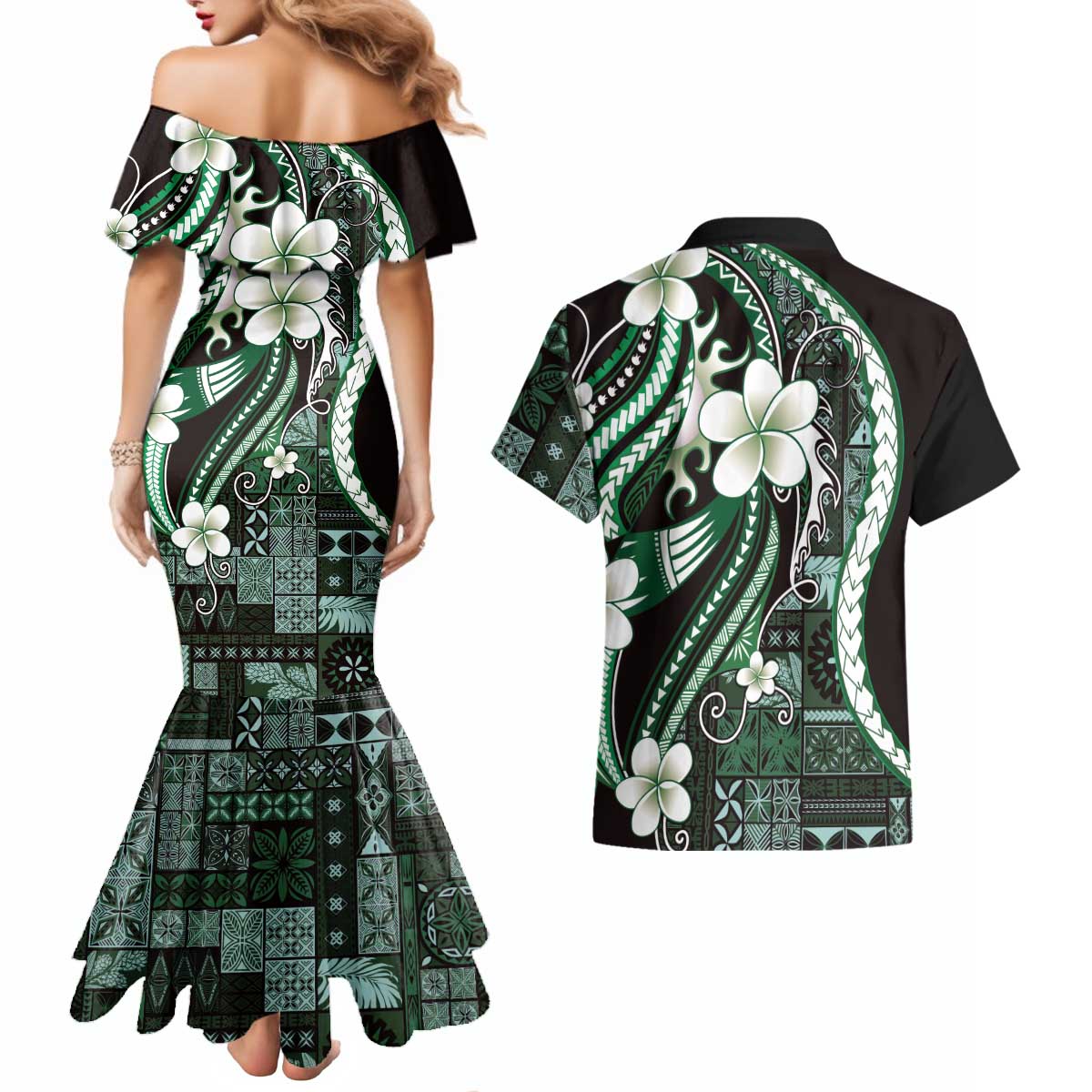 Samoa Siapo Tribal Pattern Couples Matching Mermaid Dress and Hawaiian Shirt Forest Green Polynesian Plumeria Tapa Motif