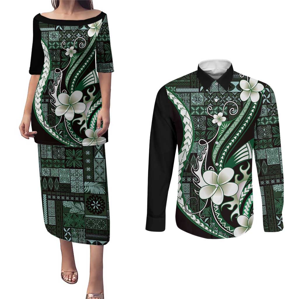 Samoa Siapo Tribal Pattern Couples Matching Puletasi and Long Sleeve Button Shirt Forest Green Polynesian Plumeria Tapa Motif LT9 Green - Polynesian Pride