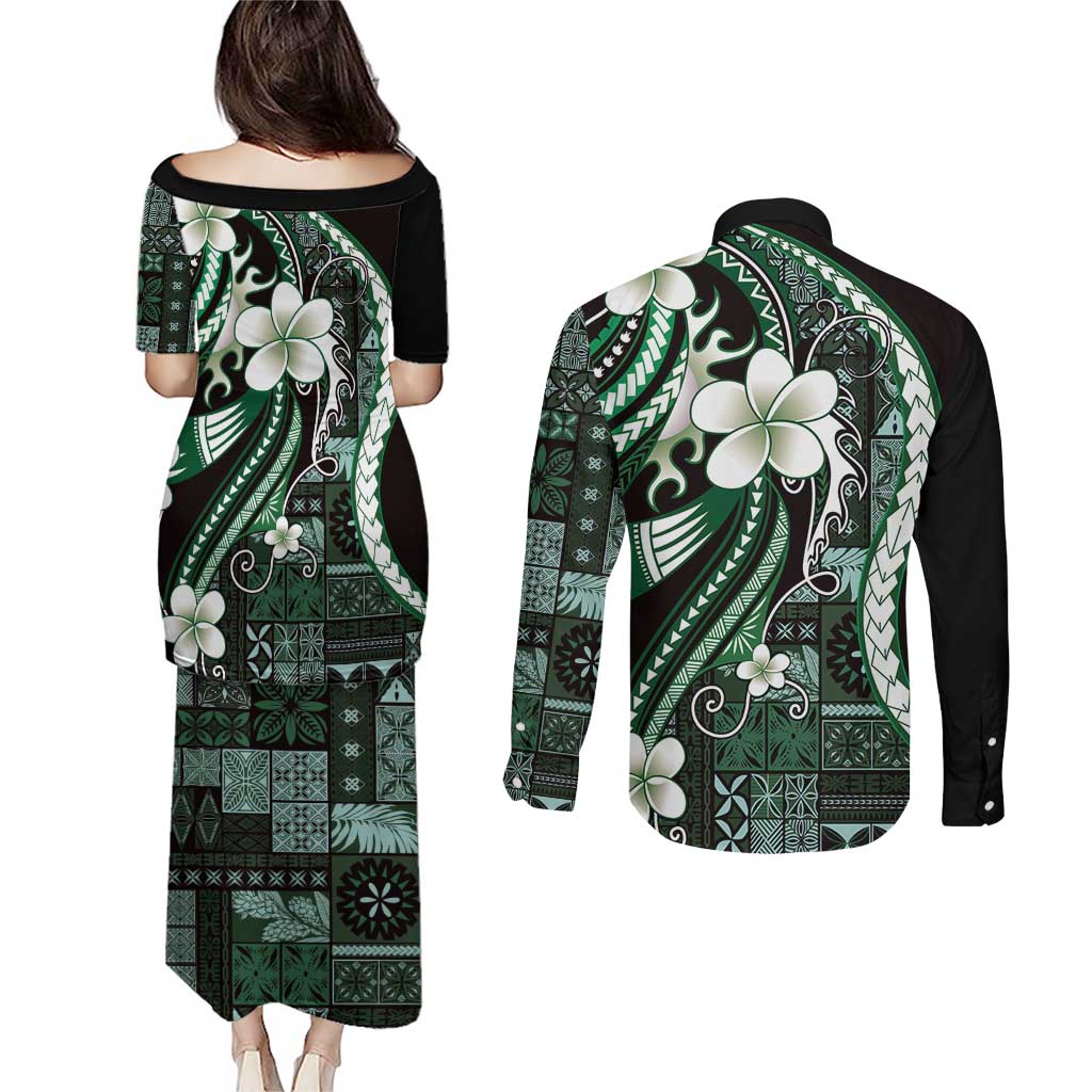 Samoa Siapo Tribal Pattern Couples Matching Puletasi and Long Sleeve Button Shirt Forest Green Polynesian Plumeria Tapa Motif LT9 - Polynesian Pride
