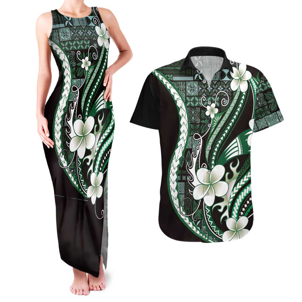 Samoa Siapo Tribal Pattern Couples Matching Tank Maxi Dress and Hawaiian Shirt Forest Green Polynesian Plumeria Tapa Motif LT9 Green - Polynesian Pride