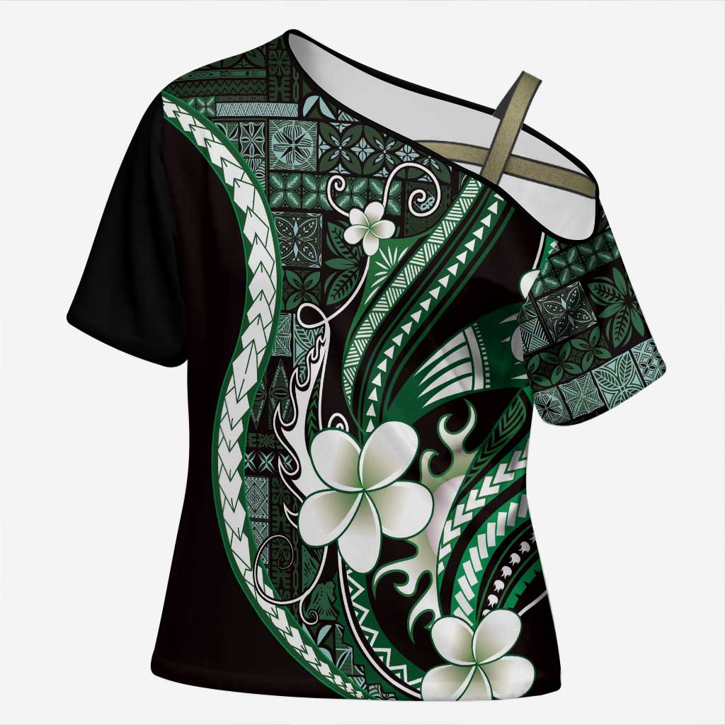 Samoa Siapo Tribal Pattern Cross Shoulder Shirt Forest Green Polynesian Plumeria Tapa Motif LT9 Female Green - Polynesian Pride