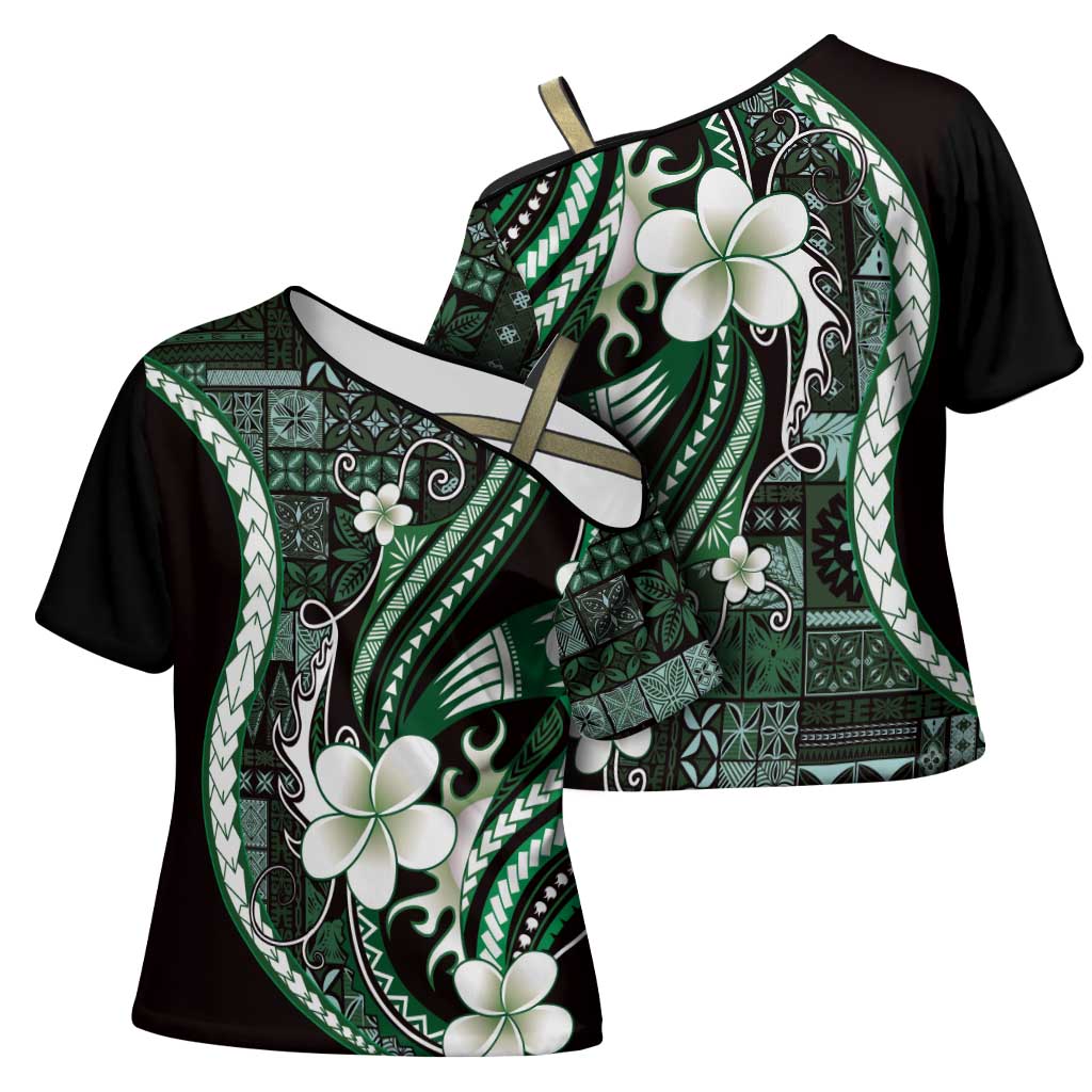 Samoa Siapo Tribal Pattern Cross Shoulder Shirt Forest Green Polynesian Plumeria Tapa Motif LT9 - Polynesian Pride