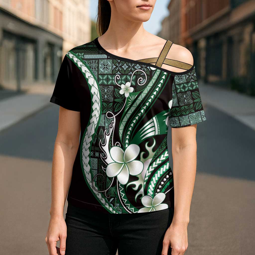 Samoa Siapo Tribal Pattern Cross Shoulder Shirt Forest Green Polynesian Plumeria Tapa Motif LT9 - Polynesian Pride