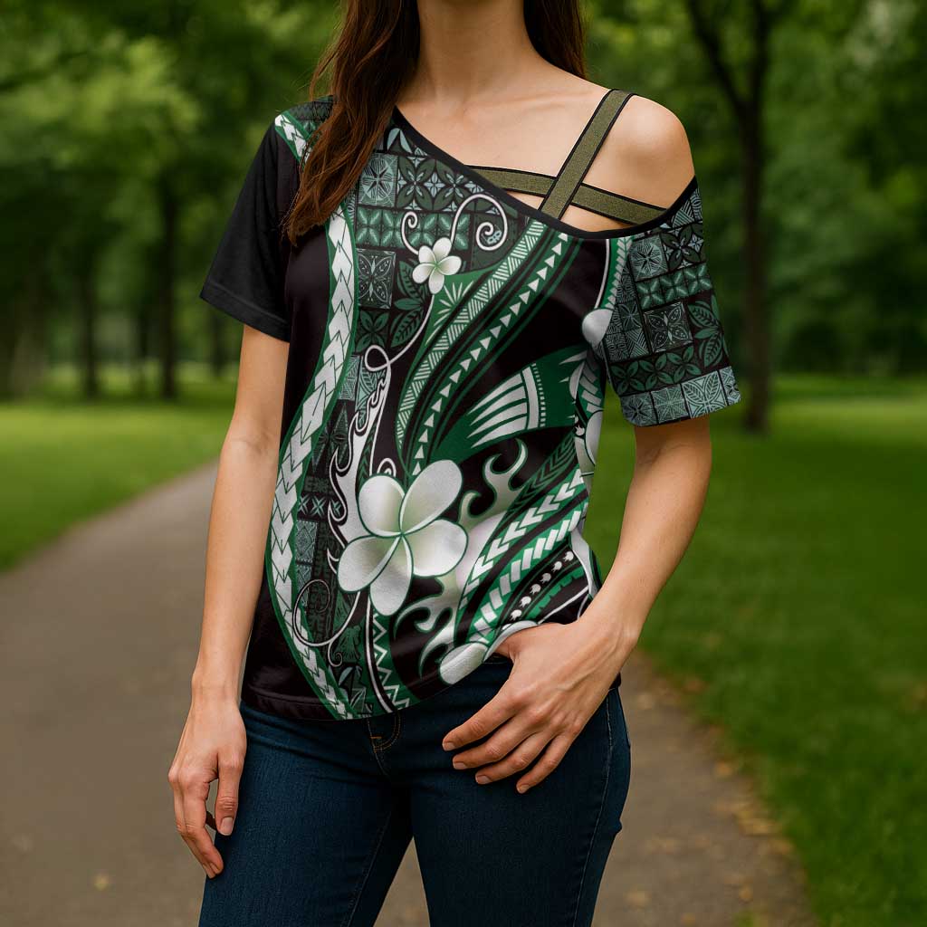 Samoa Siapo Tribal Pattern Cross Shoulder Shirt Forest Green Polynesian Plumeria Tapa Motif LT9 - Polynesian Pride