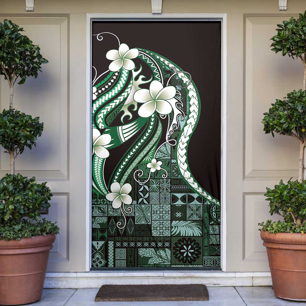 Samoa Siapo Tribal Pattern Door Cover Forest Green Polynesian Plumeria Tapa Motif