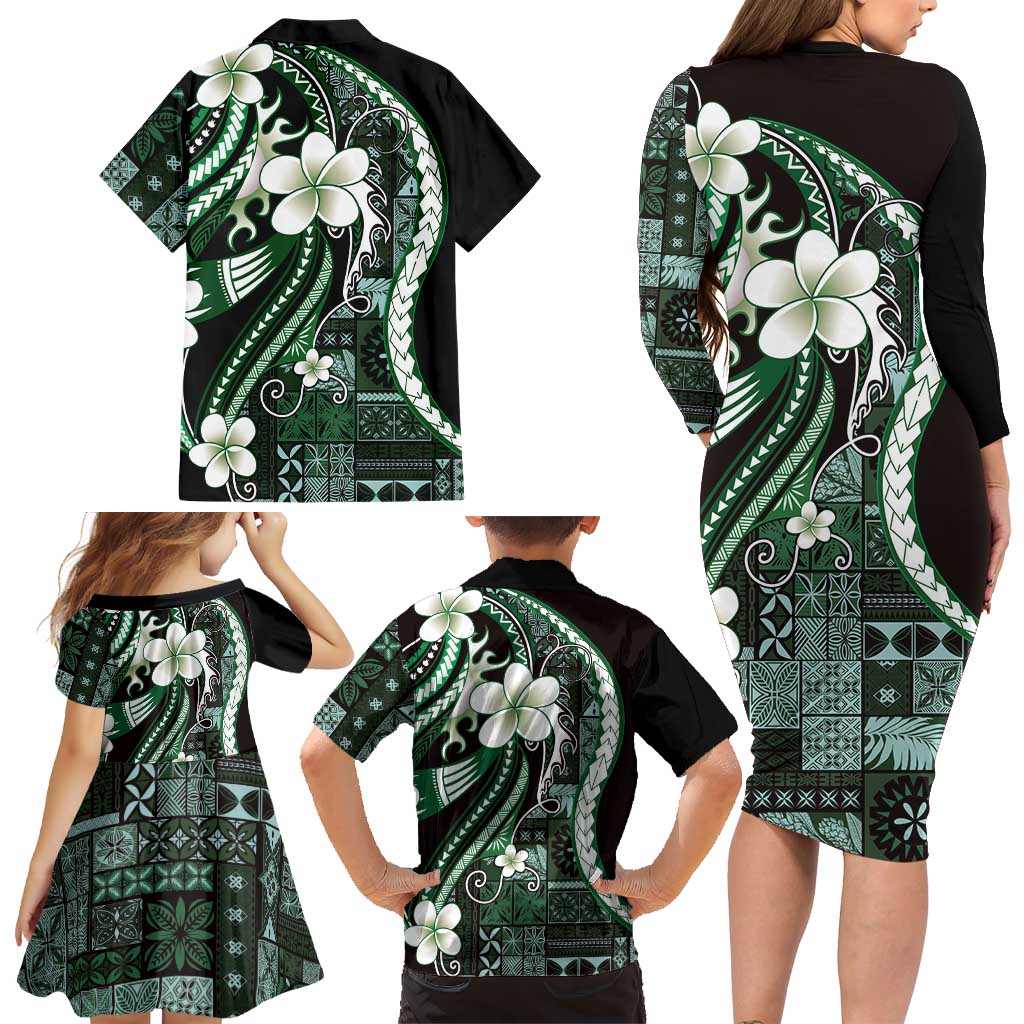 Samoa Siapo Tribal Pattern Family Matching Long Sleeve Bodycon Dress and Hawaiian Shirt Forest Green Polynesian Plumeria Tapa Motif