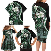 Samoa Siapo Tribal Pattern Family Matching Long Sleeve Bodycon Dress and Hawaiian Shirt Forest Green Polynesian Plumeria Tapa Motif
