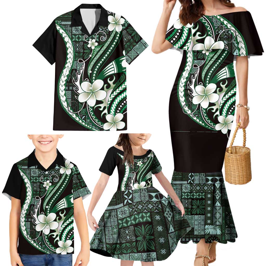 Samoa Siapo Tribal Pattern Family Matching Mermaid Dress and Hawaiian Shirt Forest Green Polynesian Plumeria Tapa Motif